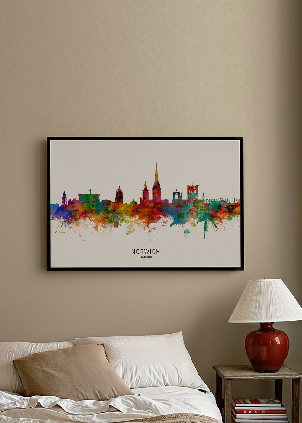 Sztuka do kuchni Norwich skyline akwarela wielobarwna