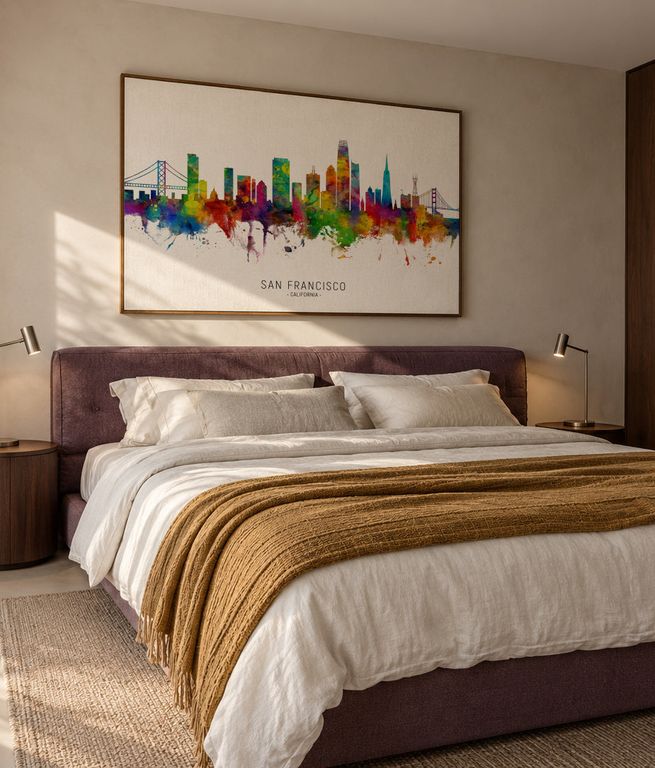 San Francisco Skyline multicolor - Framed canvas in an interior