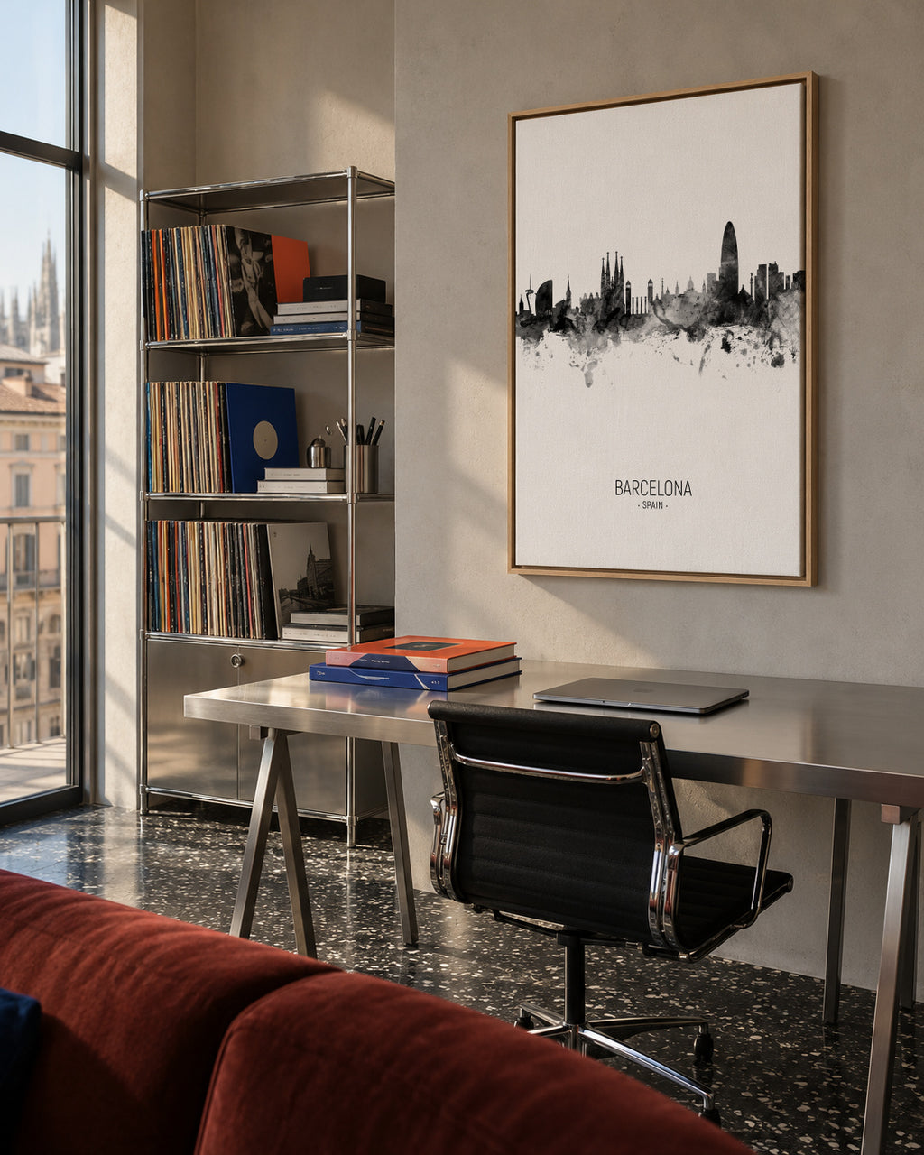 Barcelona Skyline en blanco y negro - Framed canvas in an interior
