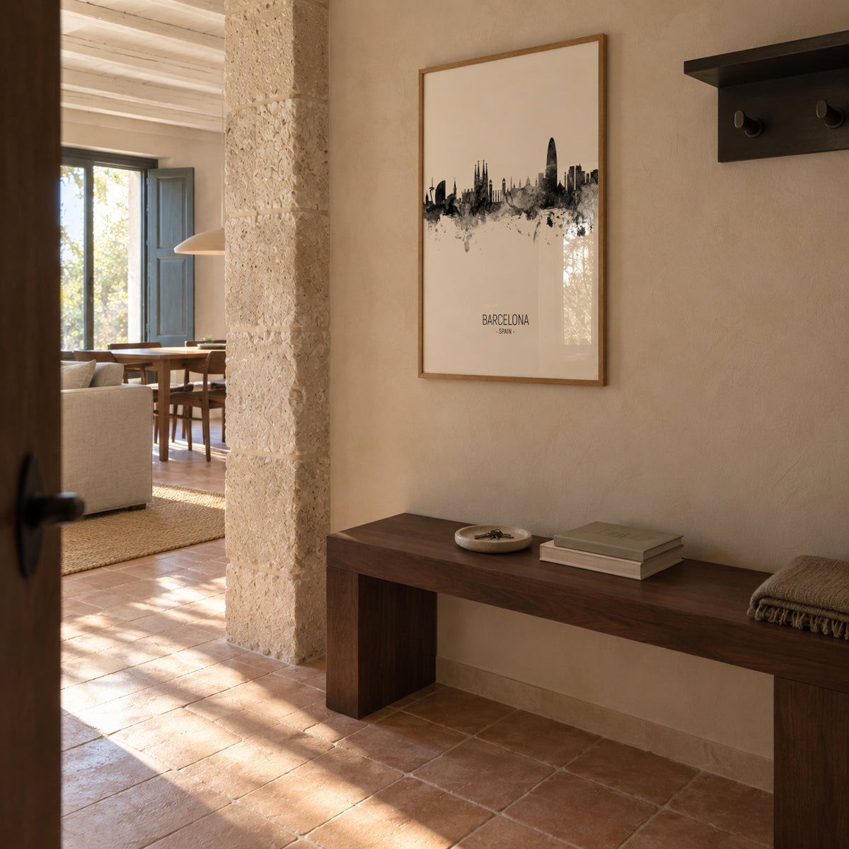 Barcelona Skyline en blanco y negro - Framed poster in an interior