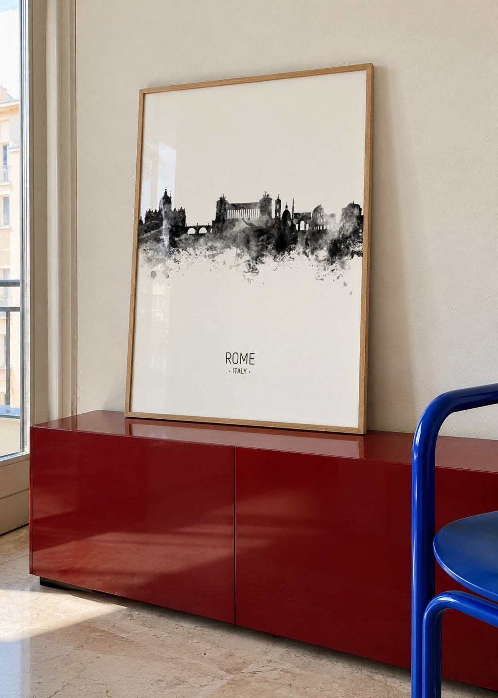 Rome Skyline en blanco y negro - Framed poster in an interior