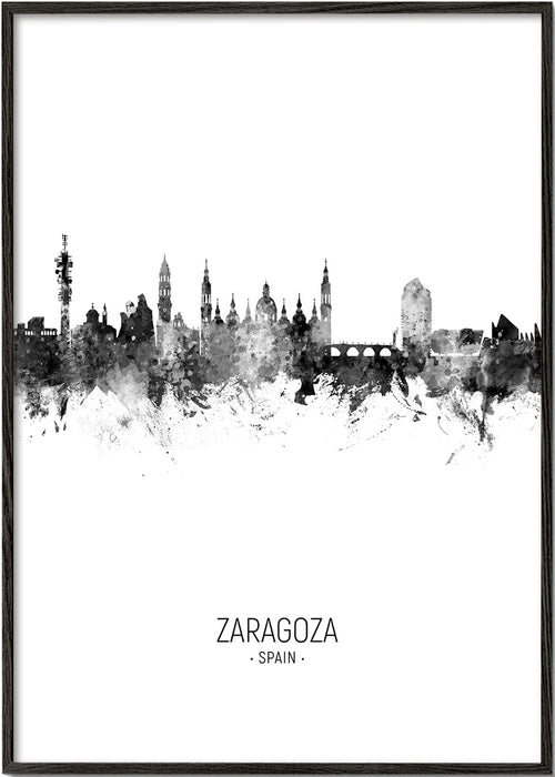 Plakat miasta Zaragoza sylwetka w czerni i bieli