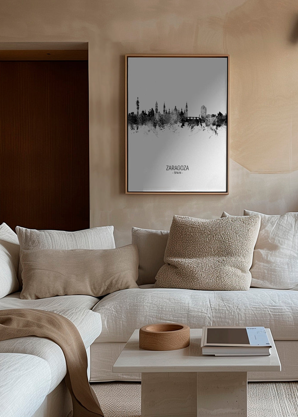 Plakat miasta Zaragoza sylwetka w czerni i bieli