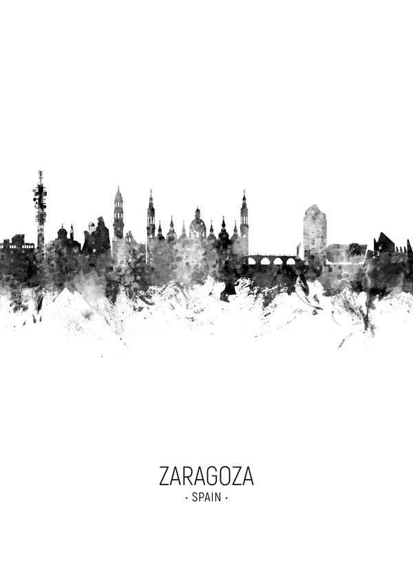 Plakat miasta Zaragoza sylwetka w czerni i bieli