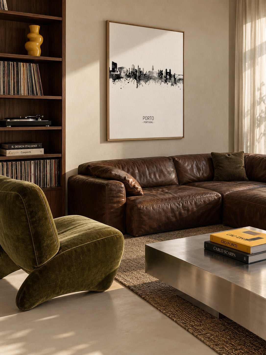 Porto Skyline en blanco y negro - Framed canvas in an interior