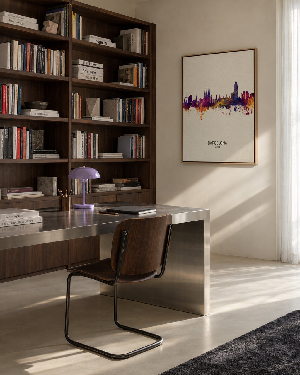 Barcelona Skyline en beige - Framed canvas in an interior