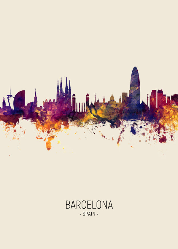 Plakat miasta Barcelona skyline akwarela beżowy