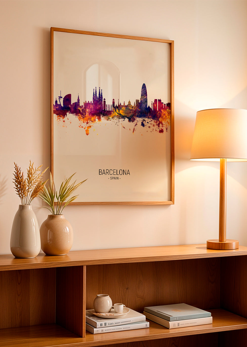 Plakat miasta Barcelona skyline akwarela beżowy