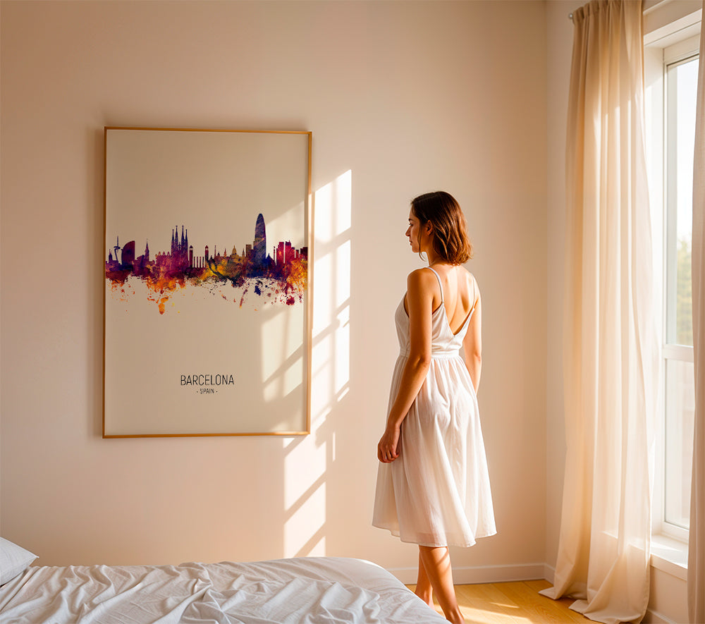 Plakat miasta Barcelona skyline akwarela beżowy