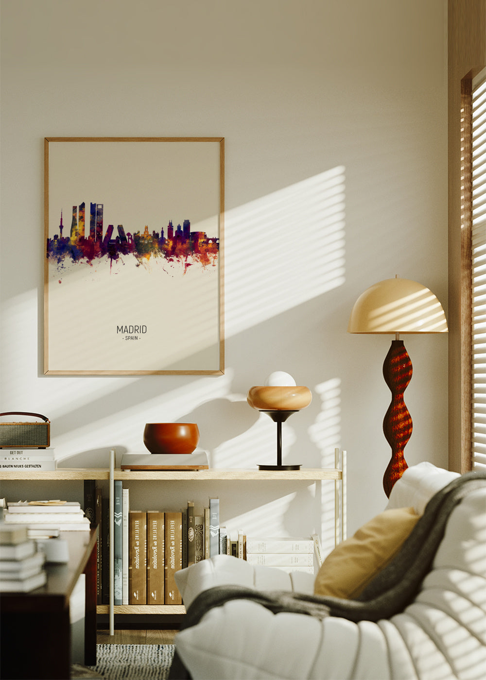 Madrid Skyline en beige - Framed poster in an interior