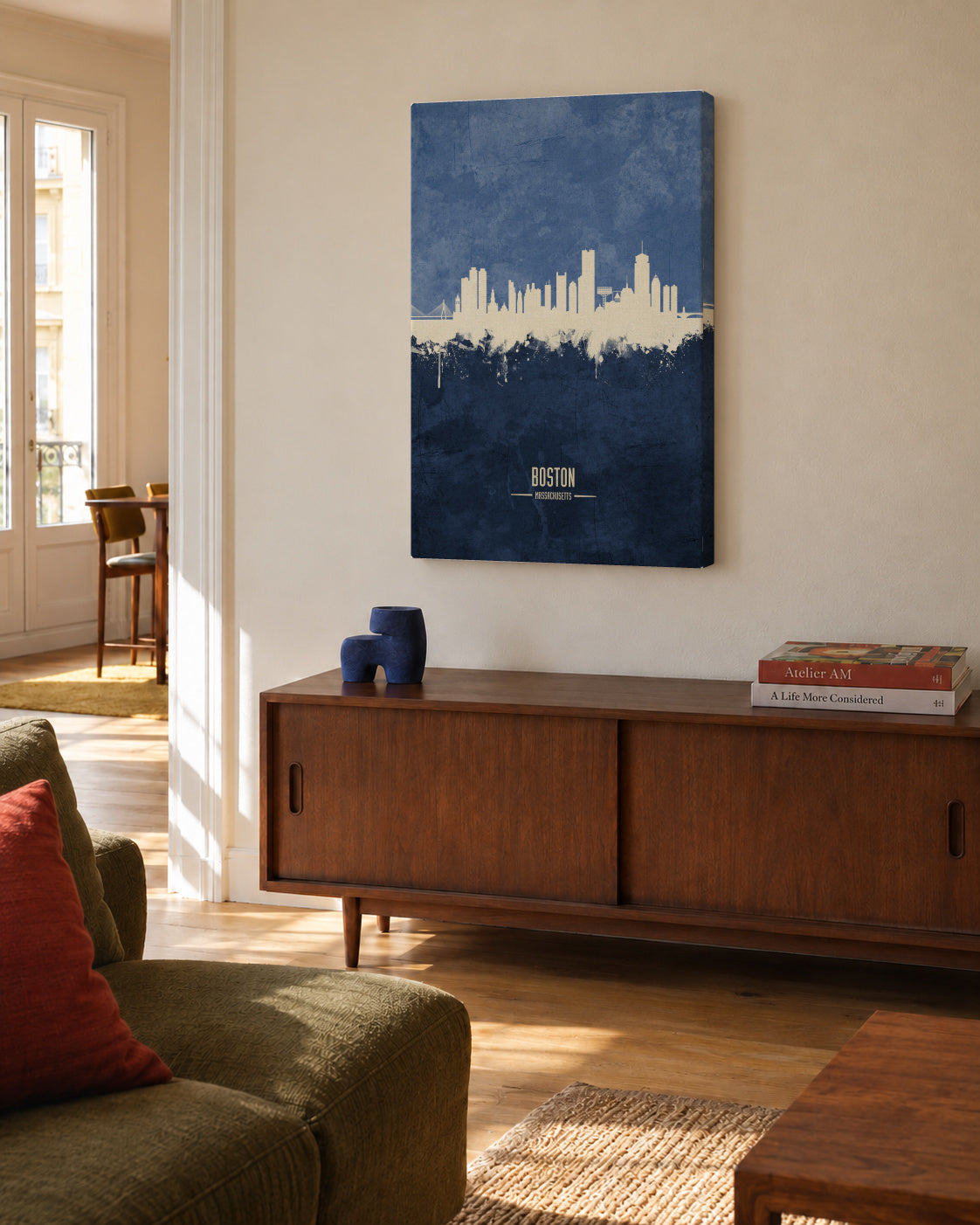 Boston Skyline Azul - Unframed canvas in an interior