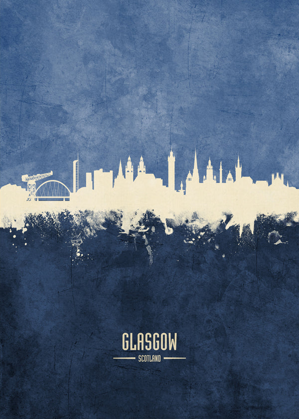 Plakat podróżniczy Glasgow skyline w kolorze niebieskim