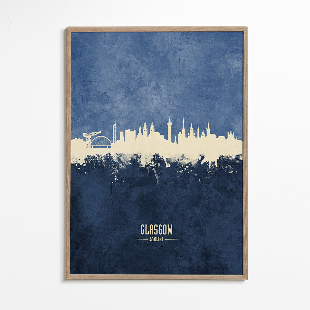 Plakat podróżniczy Glasgow skyline w kolorze niebieskim