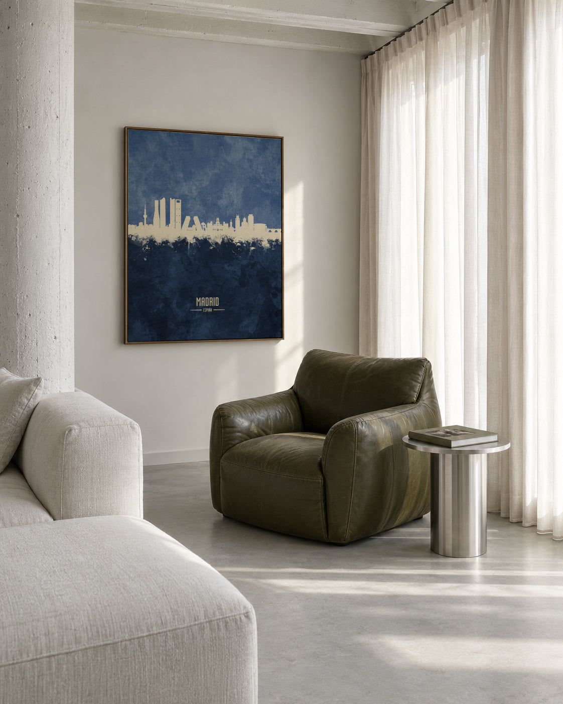 Madrid Skyline Azul - Framed canvas in an interior
