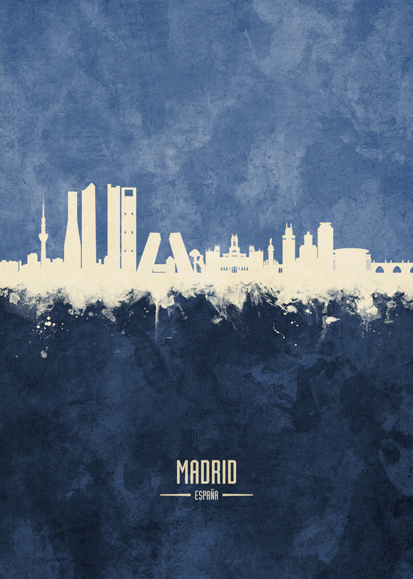 Travel poster Madrid skyline niebieski