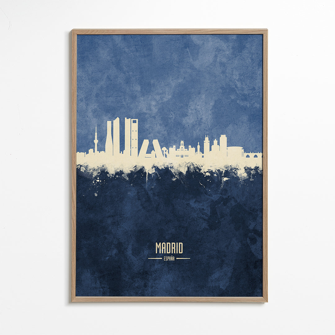 Travel poster Madrid skyline niebieski