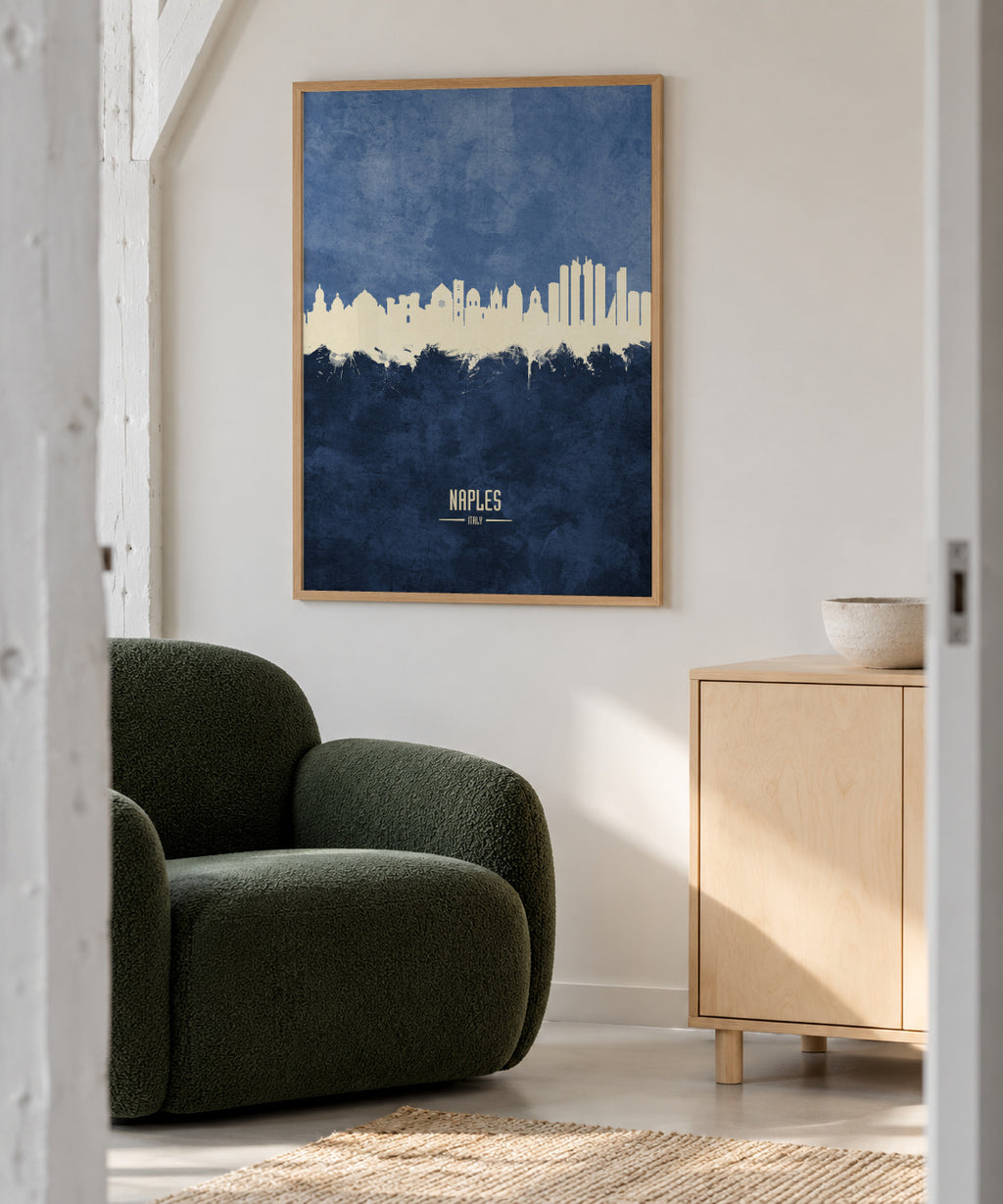 Naples Skyline Azul - Framed poster in an interior