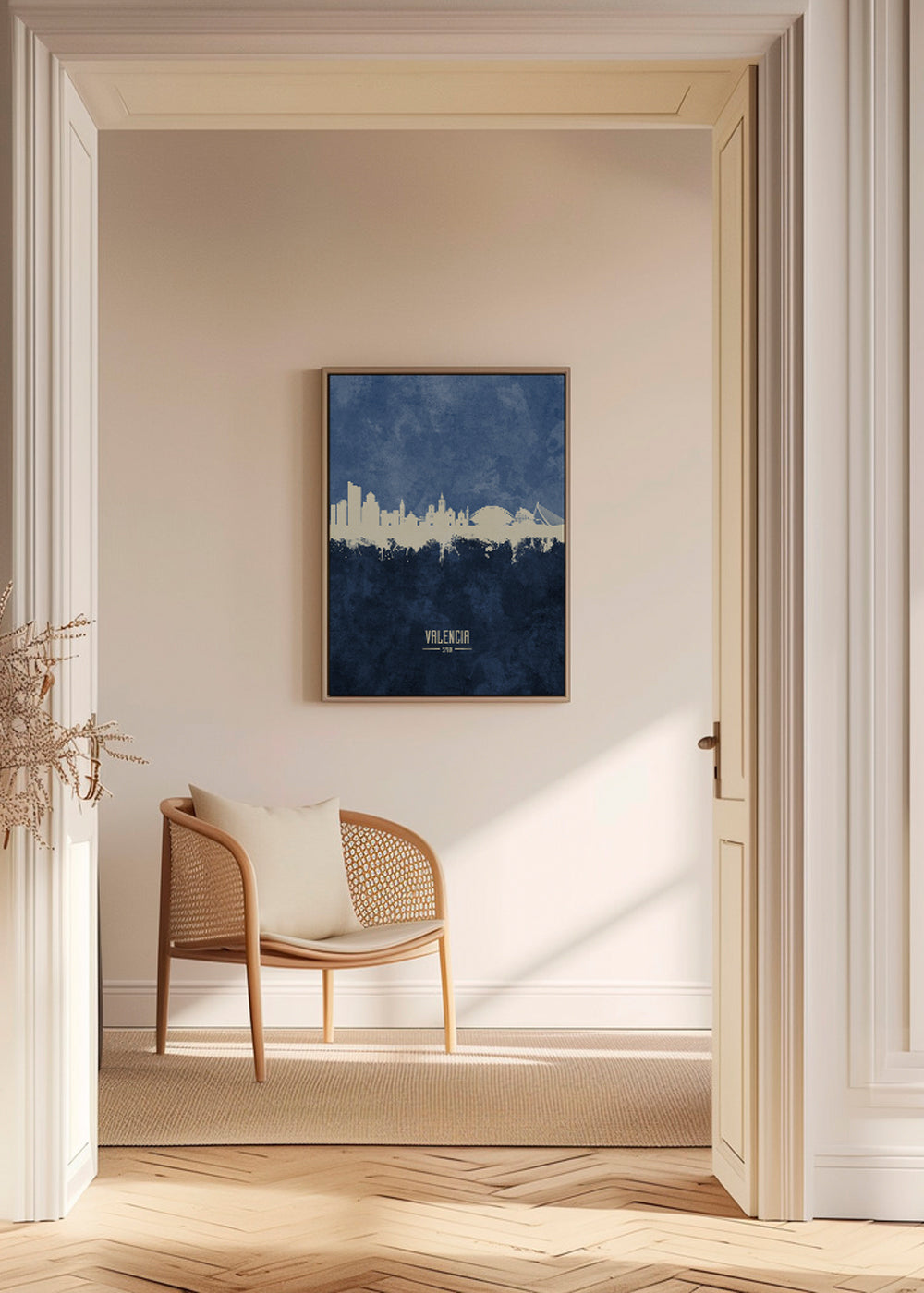 Plakat podróżniczy Valencia skyline niebieski