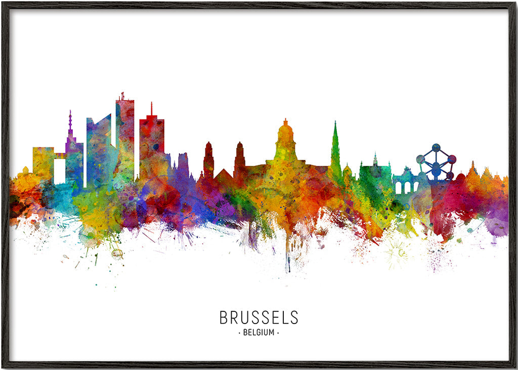 Plakat miasta: Panorama Brukseli w akwareli wielobarwnej