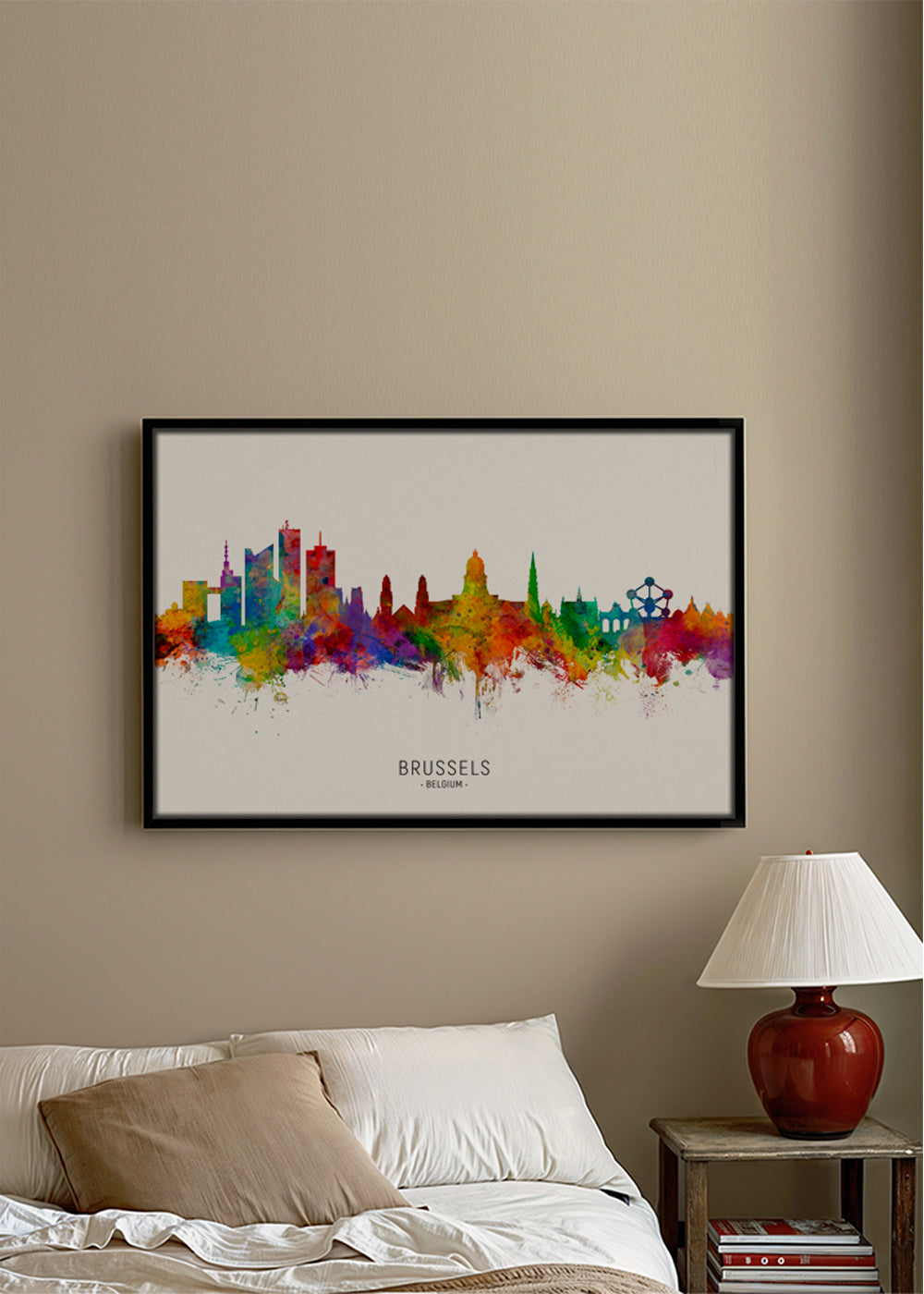 Plakat miasta: Panorama Brukseli w akwareli wielobarwnej