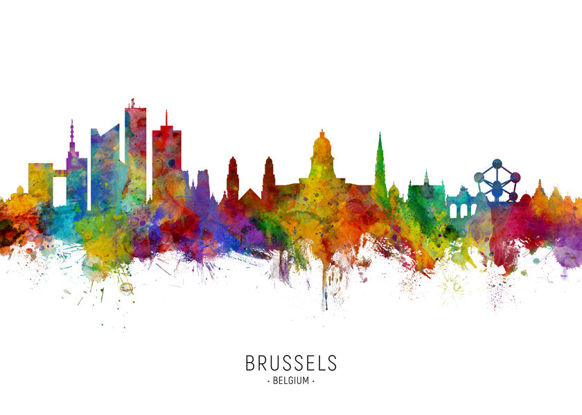 Plakat miasta: Panorama Brukseli w akwareli wielobarwnej