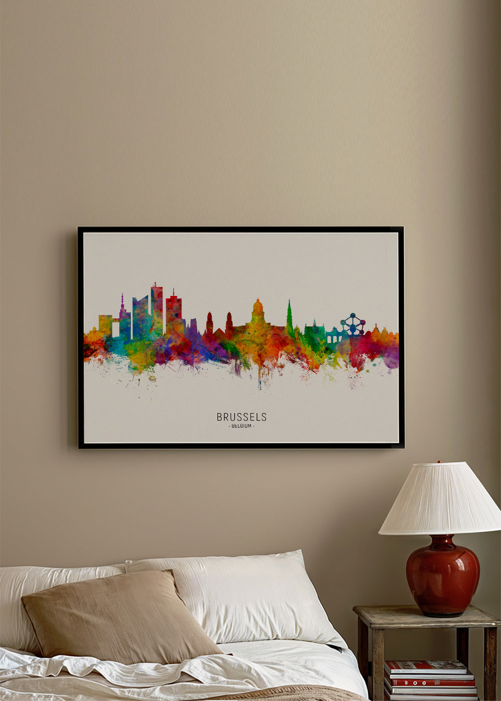 Plakat miasta: Panorama Brukseli w akwareli wielobarwnej