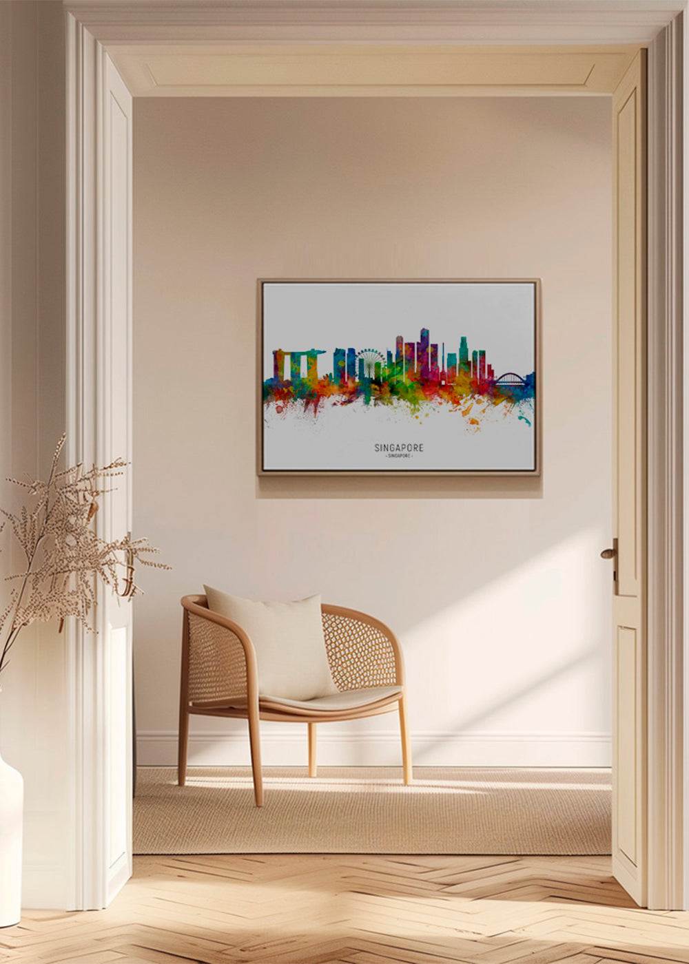 Plakat podróżniczy: Linia horyzontu Singapuru w akwareli