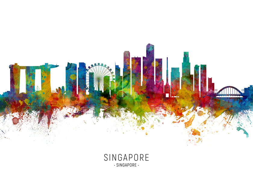 Plakat podróżniczy: Linia horyzontu Singapuru w akwareli