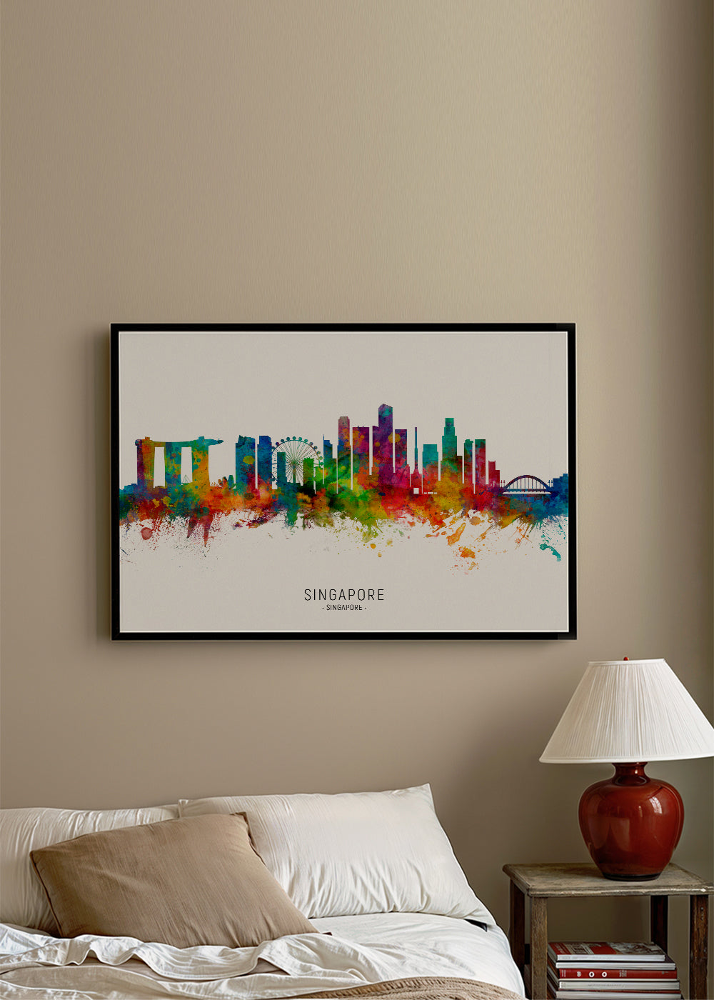 Plakat podróżniczy: Linia horyzontu Singapuru w akwareli