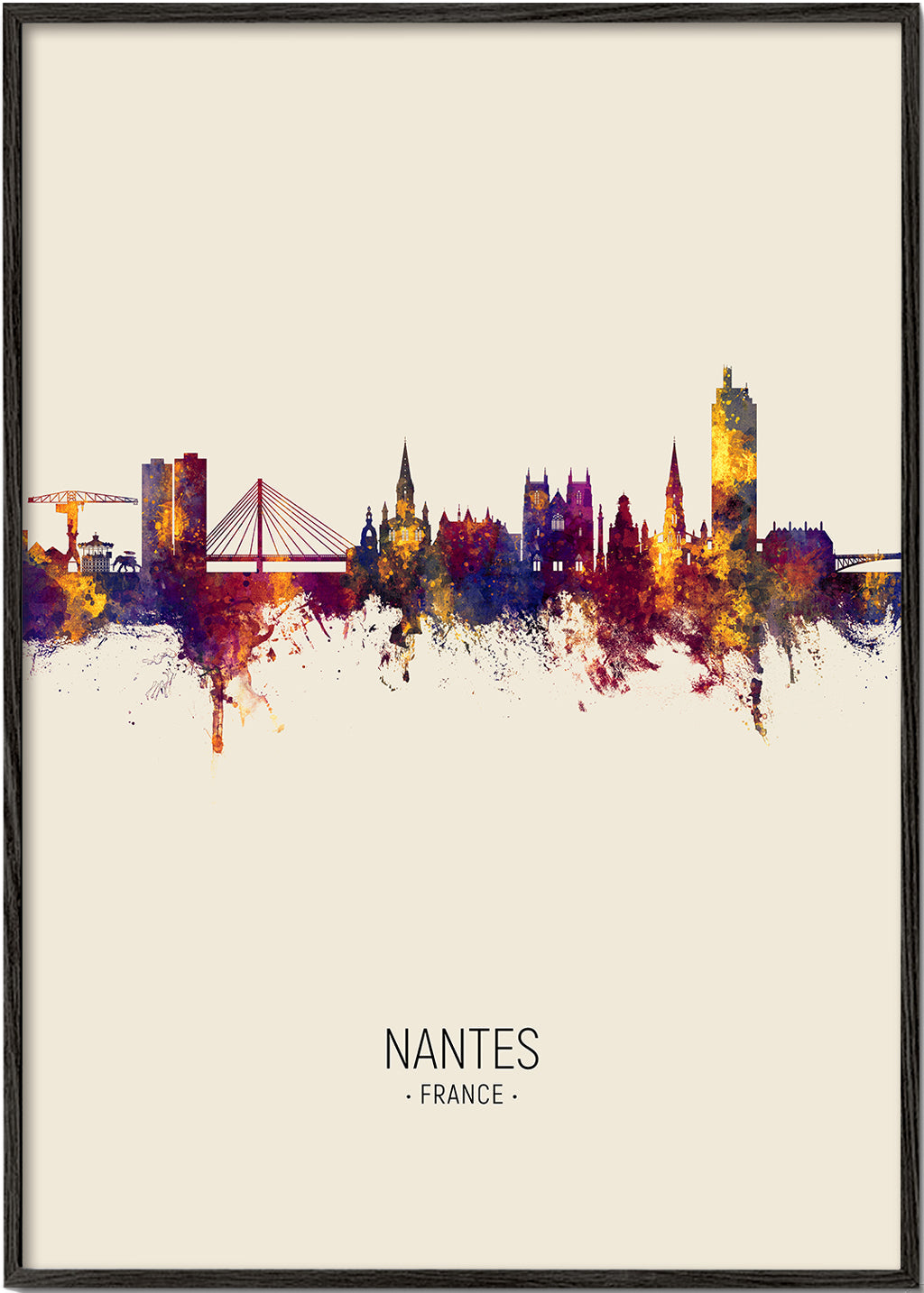Plakat miasta Nantes: panorama w akwareli na beżu