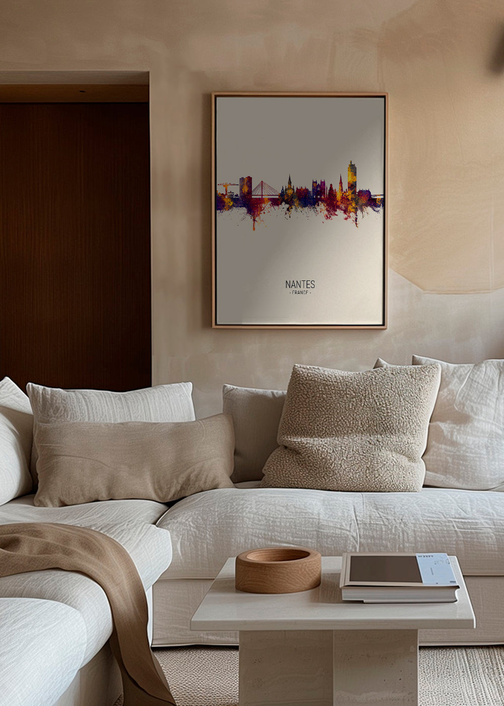 Plakat miasta Nantes: panorama w akwareli na beżu