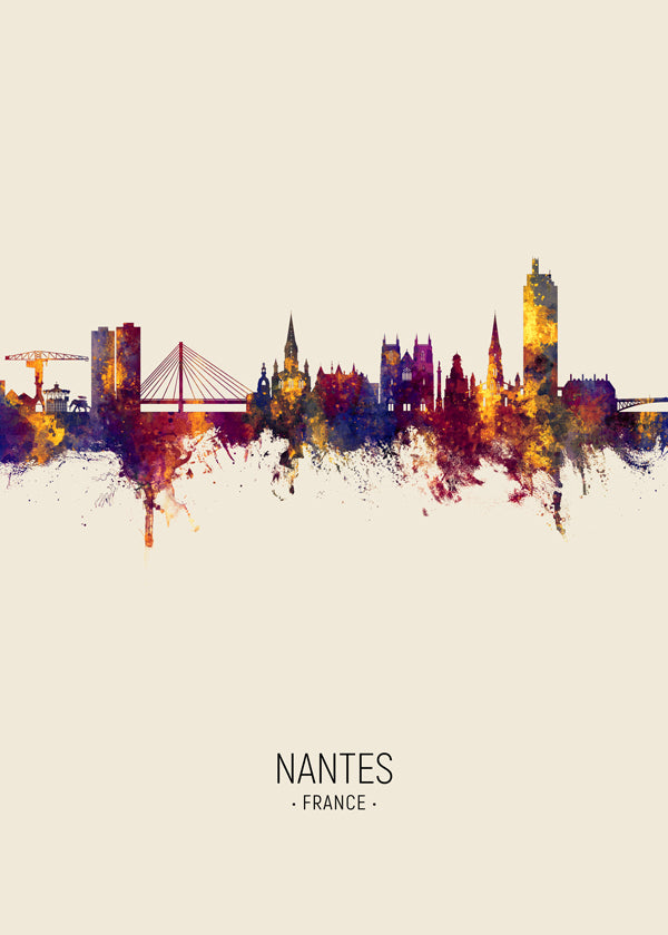 Plakat miasta Nantes: panorama w akwareli na beżu