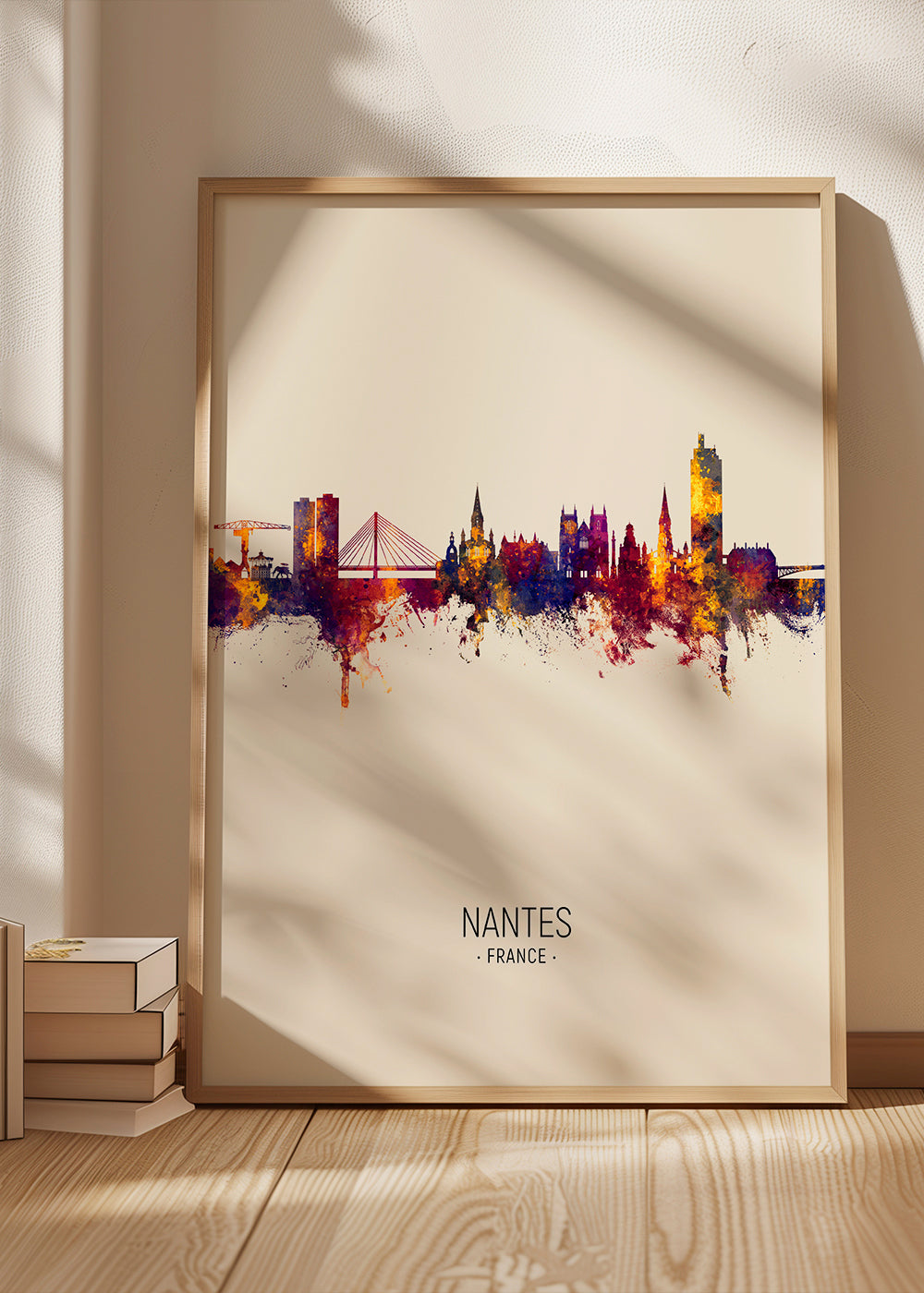 Plakat miasta Nantes: panorama w akwareli na beżu