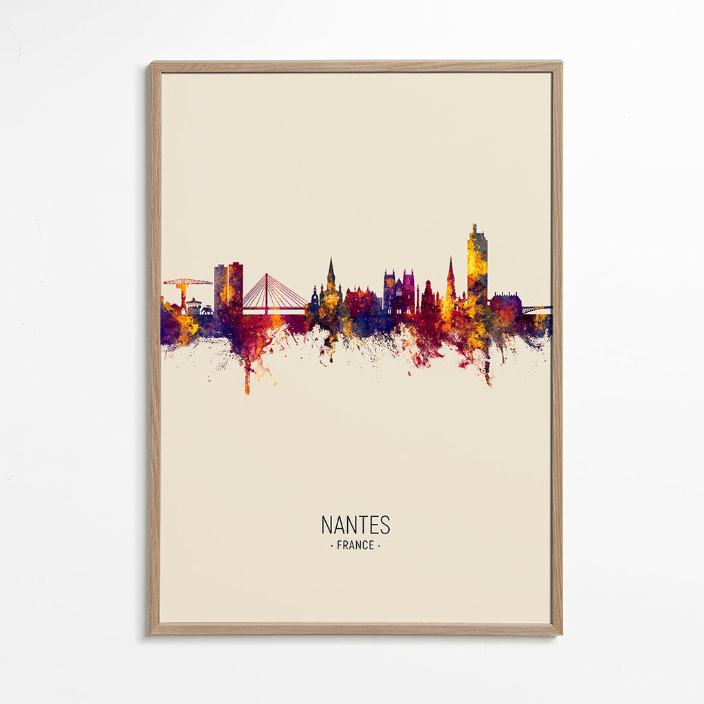 Plakat miasta Nantes: panorama w akwareli na beżu