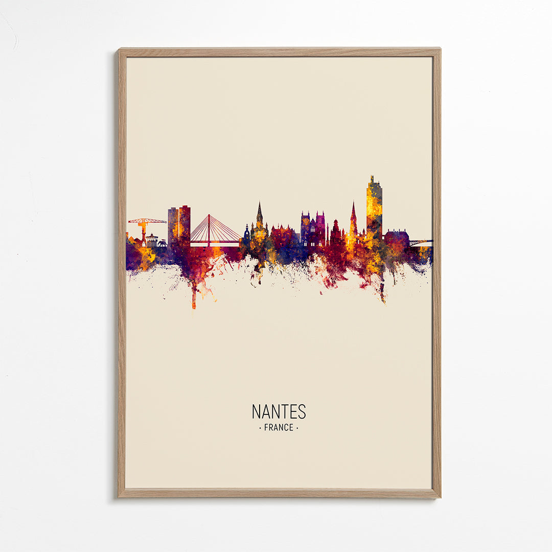 Plakat miasta Nantes: panorama w akwareli na beżu