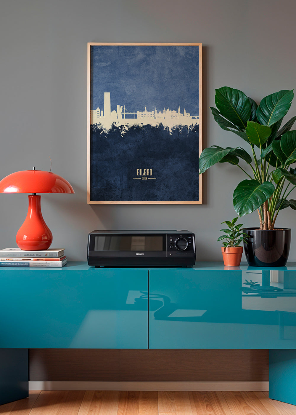 Plakat miasta: Panorama Bilbao w niebieskim
