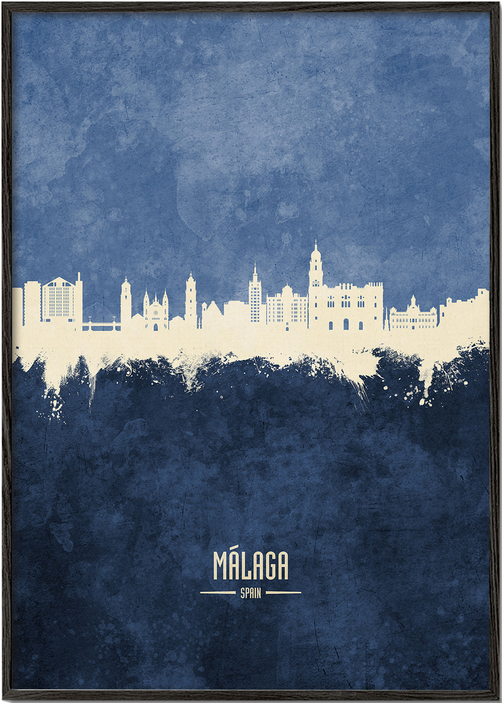 Travel poster Málaga skyline niebieski