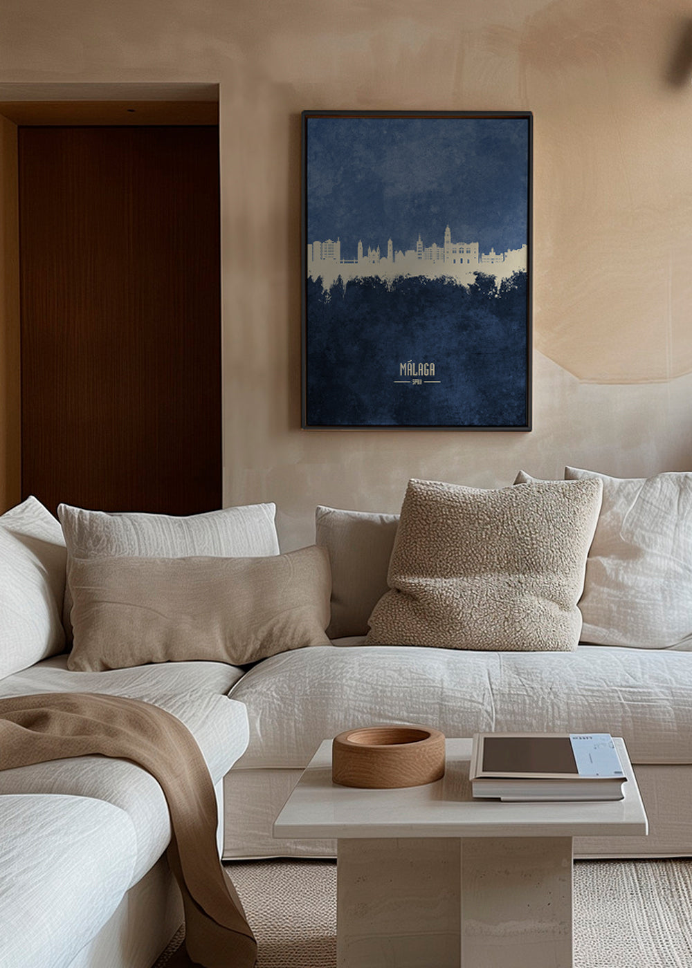 Travel poster Málaga skyline niebieski