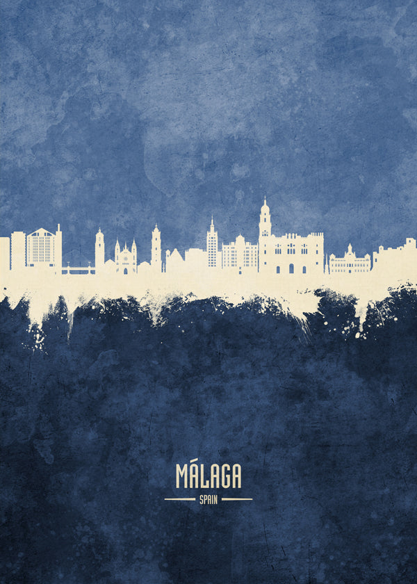 Travel poster Málaga skyline niebieski