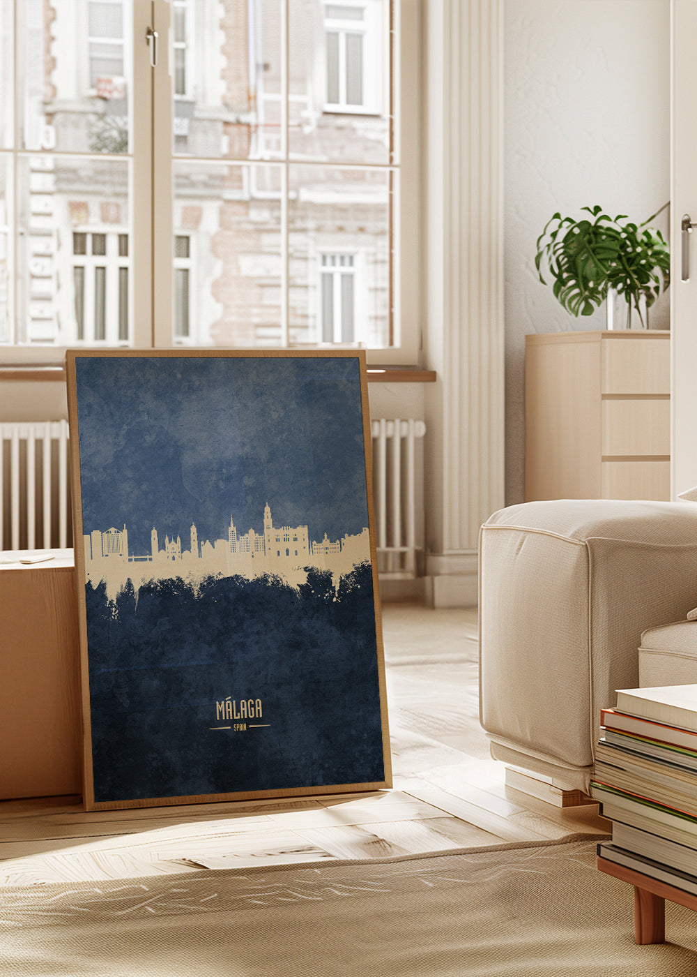 Travel poster Málaga skyline niebieski