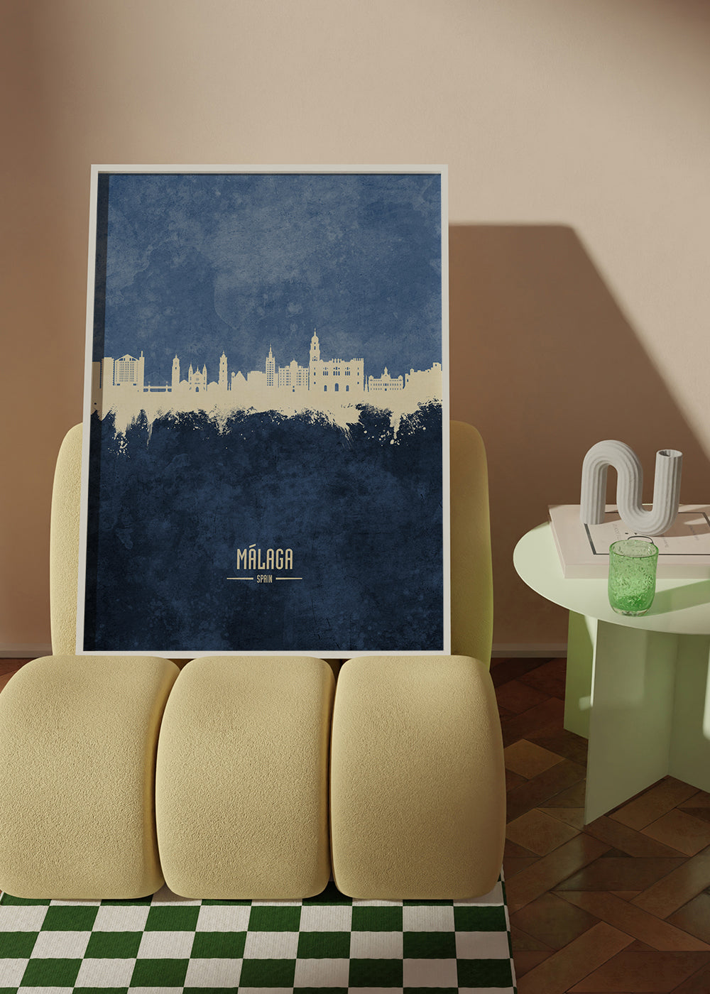 Travel poster Málaga skyline niebieski