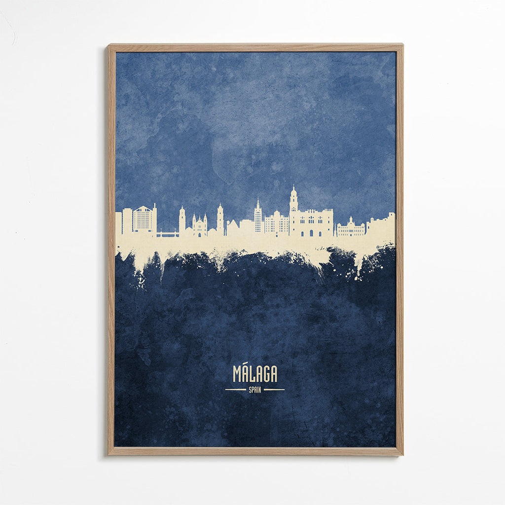 Travel poster Málaga skyline niebieski