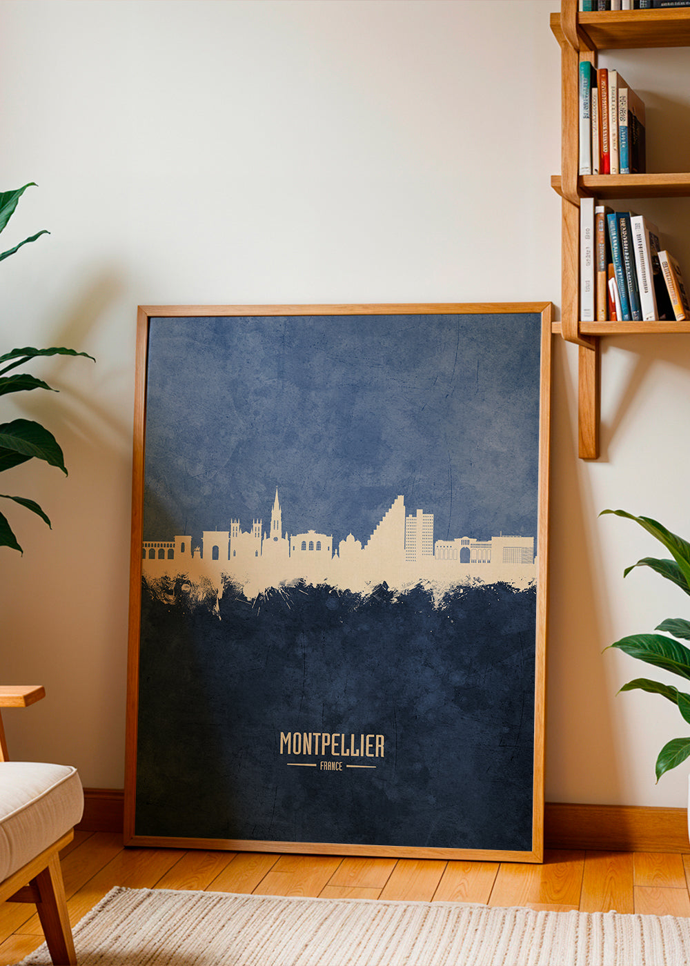 Plakat podróżniczy: Sylwetka Montpellier w błękicie