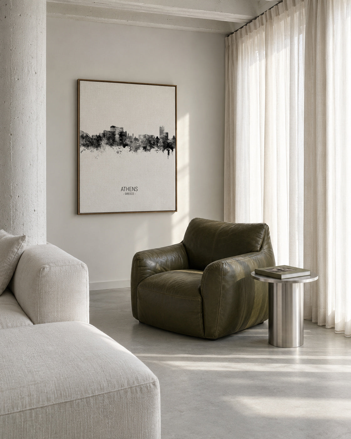 Athens Skyline blanco y negro - Framed canvas in an interior