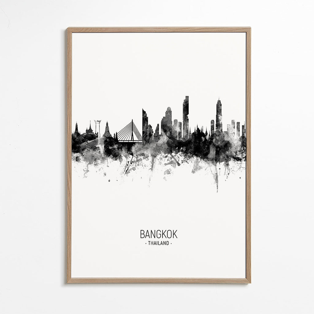 Plakat podróżniczy: sylwetka Bangkoku tuszem