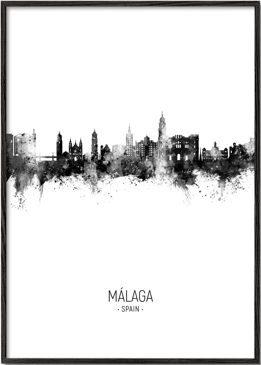 Plakat miasta Málaga skyline w czerni i bieli