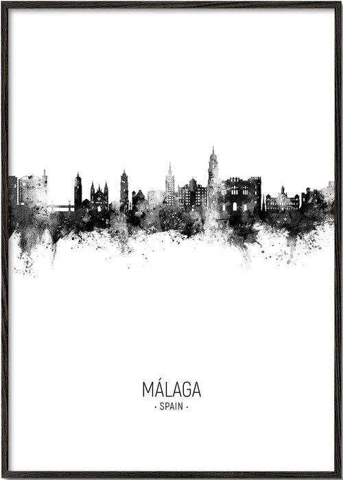 Plakat miasta Málaga skyline w czerni i bieli