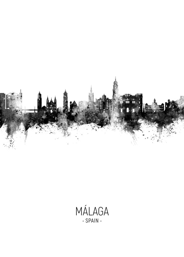 Plakat miasta Málaga skyline w czerni i bieli