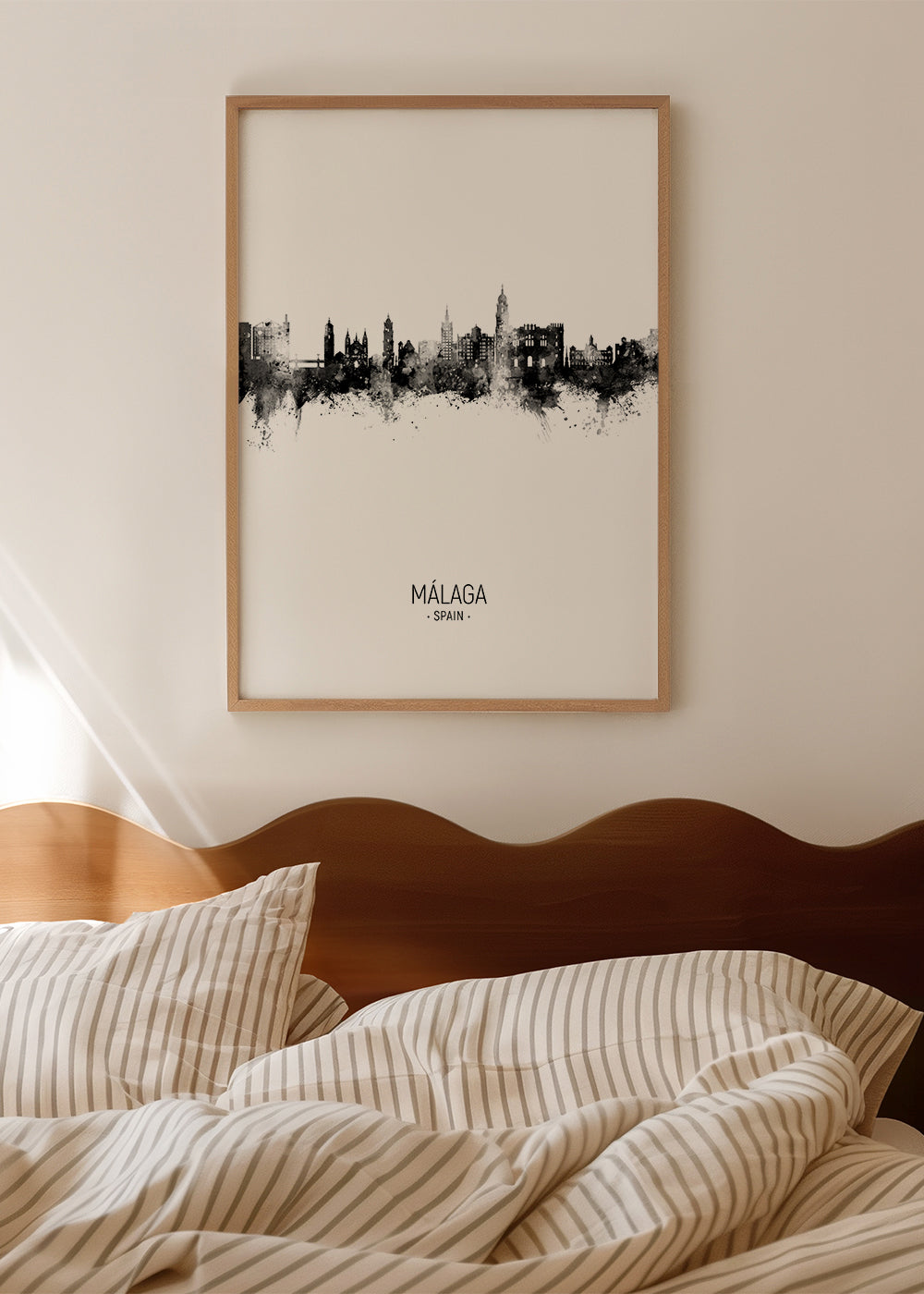 Plakat miasta Málaga skyline w czerni i bieli