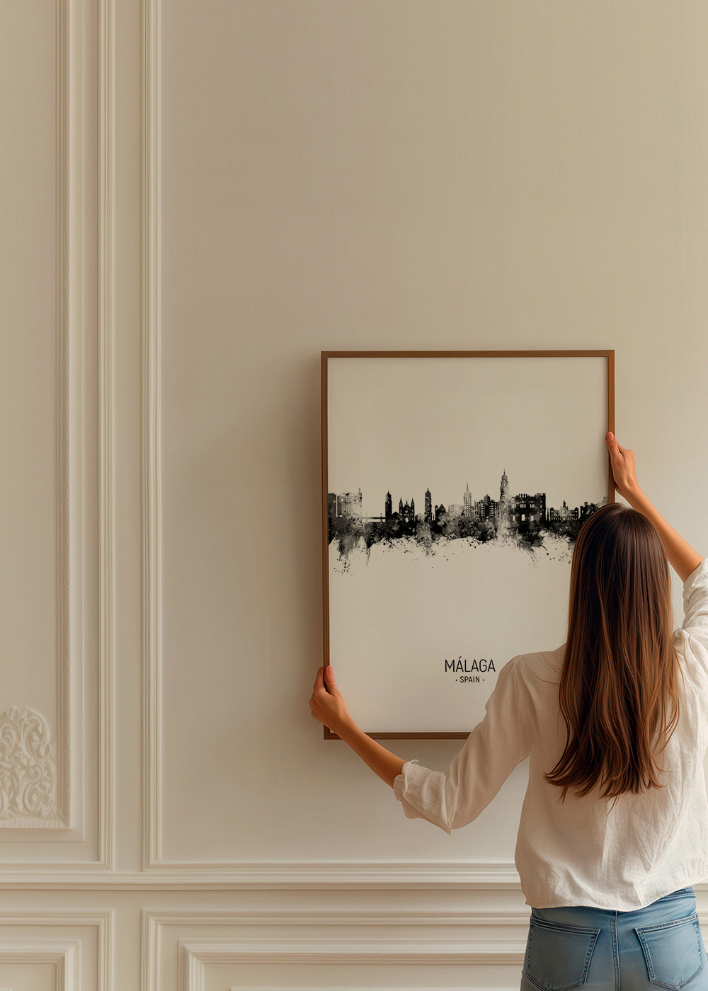 Plakat miasta Málaga skyline w czerni i bieli